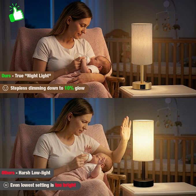 Gold Touch Bedside Lamp for Bedroom, Stepless Dimmable, USB A+C, AC Outlet | Base Touch Button Only, Memory Brightness, Ultra-dim Night Light, Included Bulb for Optimal Dimming, Cream Fabric Shade, Desk - Image 5