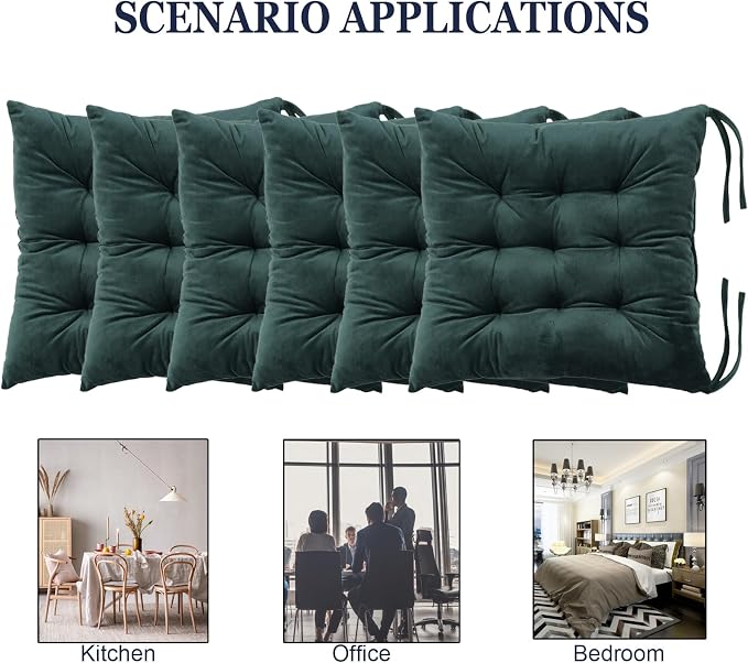 6 Pack Square Seat Cushion Chair Pads for Kitchen Dining Chairs, Soft Comfort Velvet Chair Mat Pillow Cushions with Ties for Office Desk Living Room Tatami 15.5", Dark Green - Image 5