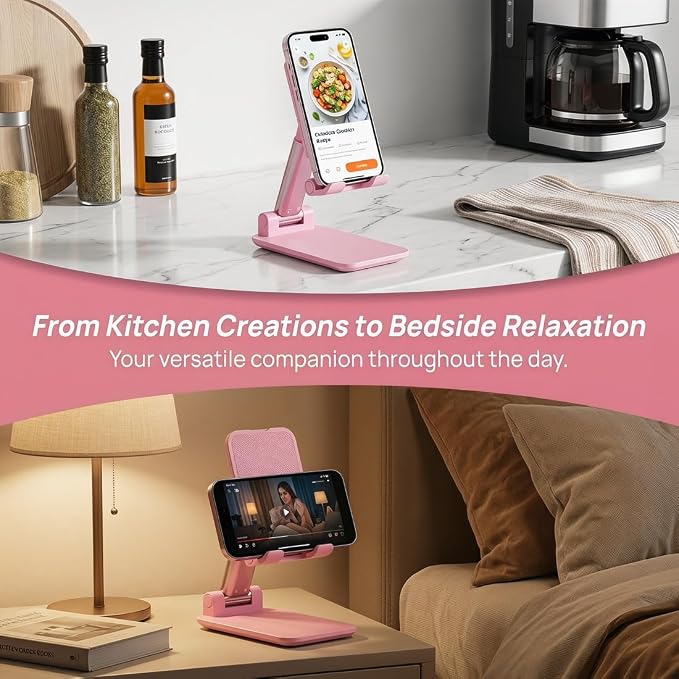 Phone Stand for Desk, Cell Phone Holder Cute Smart Cellphone Stand Foldable Stands Compatible with Under 8" Devices, Office Accessories, White-Pink - Image 6