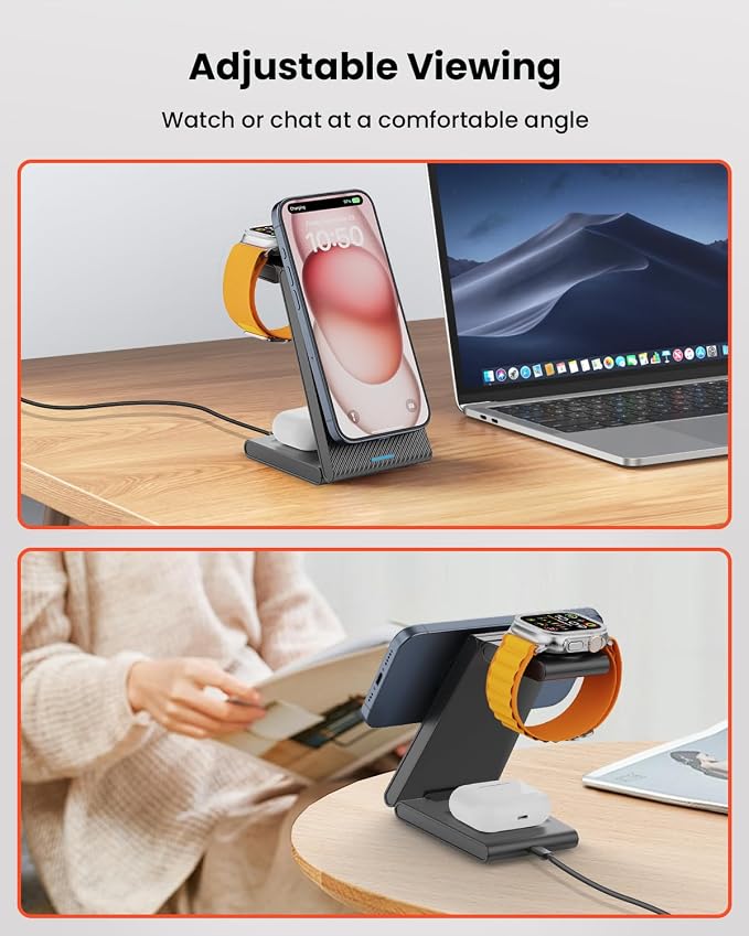 GEEKERA 3 in 1 Wireless Charging Station for Magsafe, Foldable Magnetic Wireless Charger Stand for Multiple Devices, Wireless Charger for iPhone 17 16-12 Series, Apple Watch 11-2, AirPods 4/3/2/Pro - Image 4