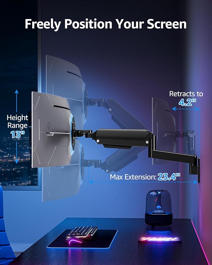 MOUNTUP Monitor Wall Mount for 49 45 43 40 35 32 27 24 Inch Screens, Heavy Duty Wall Monitor Mount, Holds 4.4 to 44 lbs, Ultrawide Monitors Arm Wall Mount, VESA Mount 75x75/100x100mm - Image 3