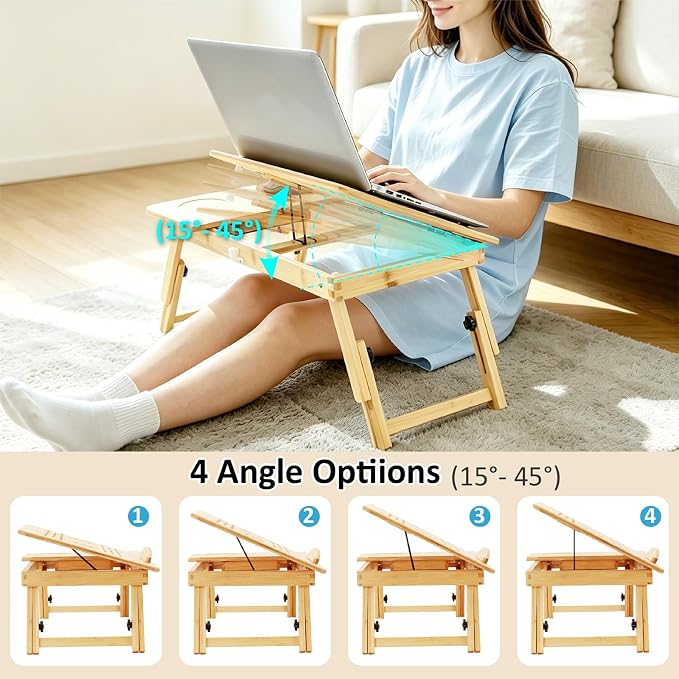 Laptop Desk for Bed, Foldable Bed Tray, Adjustable Angle & Height | Bamboo Laptop Stand with Cup Holder and Drawer, Portable Lap Desk for Couch Sofa Floor, Ideal for Breakfast, Writing, Drawing - Image 3