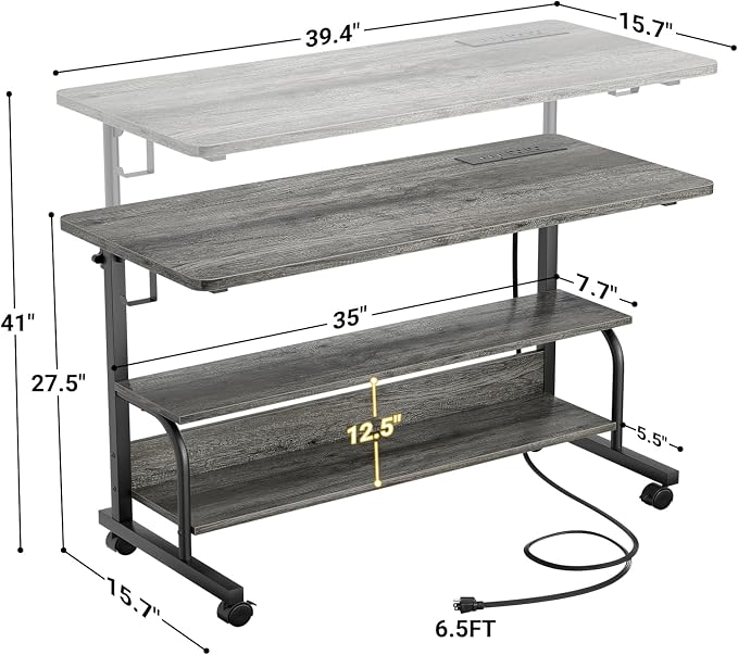 39" Height Adjustable Standing Desk with Power Outlets - Manual Rolling Stand Up Desk with Wheels Small Portable Computer Desk Mobile Laptop Table with Storage Shelves for Home Office, Grey Oak - Image 3