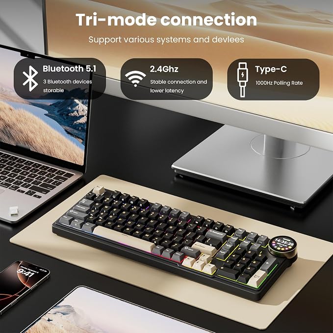 RK ROYAL KLUDGE N99 Wireless Mechanical Keyboard with Screen & Knob, BT/2.4G/USB-C, 96% Hot Swappable Custom Keyboard, Pre-lubed Linear Slient Switches, Gasket Mount, RGB Gaming Keyboard - Image 3