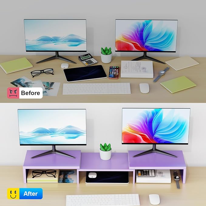 Dual Monitor Stand Riser | Monitor Stand for Desk, Metal Computer Stand, Desk Shelf Riser,Desktop Organizer for Home and Office Use (Purple) - Image 2