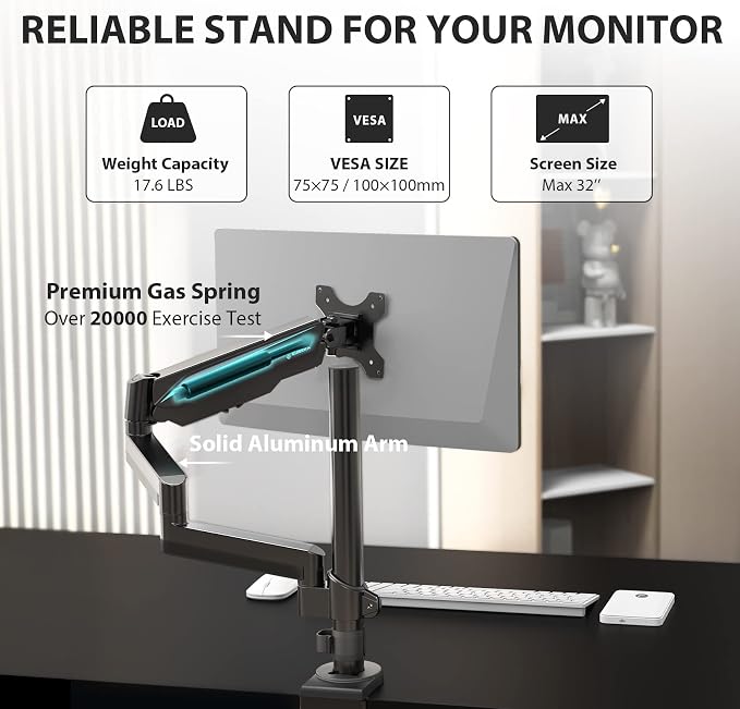 EUREKA ERGONOMIC Single Monitor Desk Mount, Adjustable Gas Spring Monitor Arm for LCD PC Screen 13-32 inch, Max 17.6 LBS, Computer Monitor Stand W C Clamp & Grommet Base, VESA 75x75mm,100x100mm, Black - Image 4