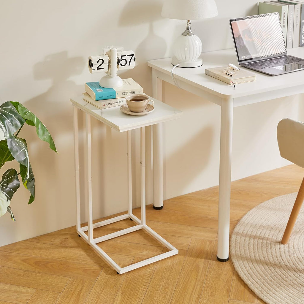Aibiju C Shaped End Table, Small Side Table for Sofa and Bed, White Bedside Table, Laptop Desk for Couch 16x12x25 inch Faux Marble+White YD-TM051W - Image 5