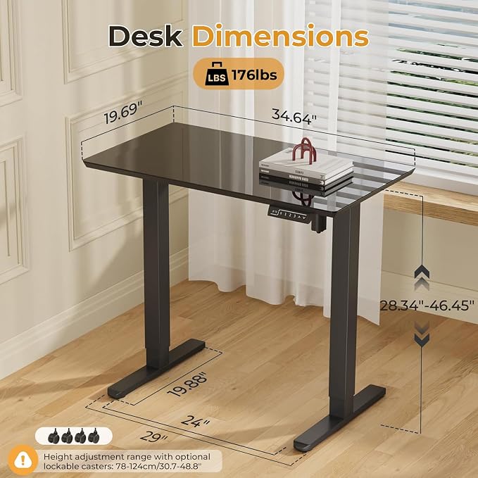 JOY worker Small Glass Standing Desk, 35" Electric Stand Up Desk on Wheels | 35" x 20" Black Height Adjustable Desk with Memory Controller, Mobile Computer Workstation for Home Office School Walking Pad - Image 2