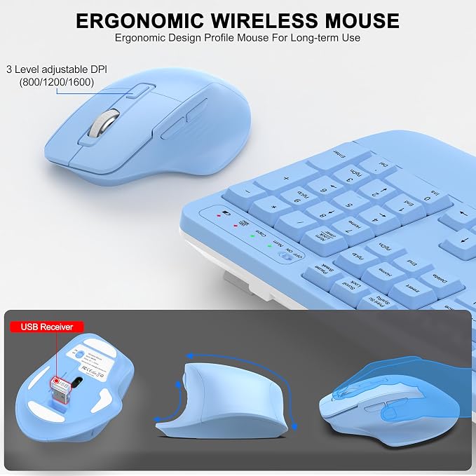 Wireless Keyboard and Mouse Combo, 2.4G Ergonomic Wave Keys(Sky Blue) | Full Size Wave Keyboard with Wrist Rest, 3-Level DPI Adjustable Ergonomic Mouse for Windows and Mac OS Desktop/Laptop/PC - Image 4
