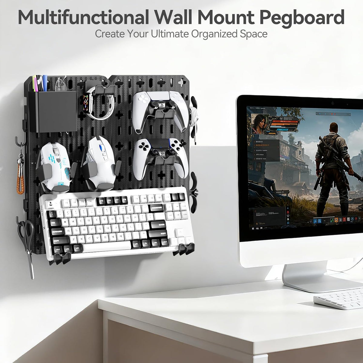 KDD Keyboard and Mouse Display Stand Holder, Wall Mount Office Organization Pegboard Combination Kit with Pen holder, Hooks, Headset & Controller Stand for Office & Home Hanging Organizer Storage - Image 2