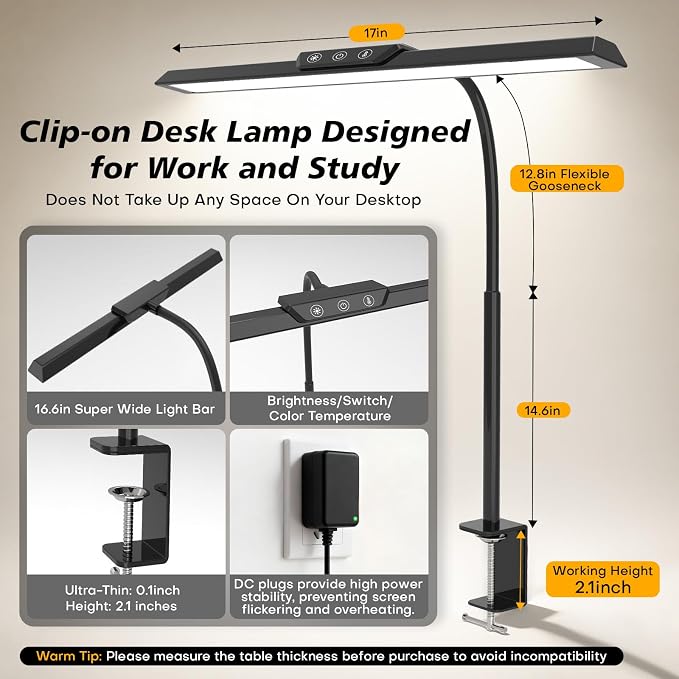 LED Desk Lamp with Clamp, Stepless Dimming Flicker-Free for Home Office | Architect Lamp, DC Adapter, 25 Modes, 12.8in Flexible Gooseneck, Eye-Friendly for Workbench & Reading - Image 3
