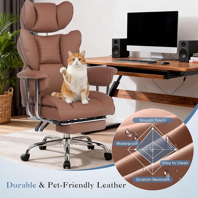 DUMOS Big and Tall Home Office Desk Chair, Executive Chair with Footrest | Scratch-Resistant PU Leather, Ergonomic Reclining, Pocket Spring Support, 400 LBS Weight Capacity, Brown - Image 6
