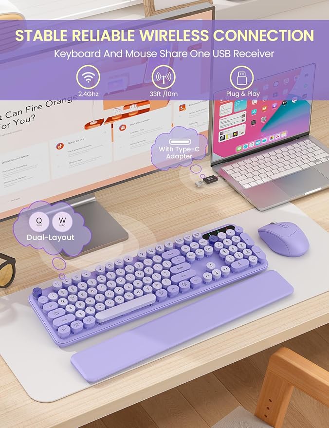 Wireless Keyboard and Mouse Combo, Cute Typewriter, Magnetic Wrist Rest | Full-Size, Round Keycaps, Smart Sleep Mode, 2.4GHz Stable Connection for Mac/Windows/PC, Office or Home, Trueque CK24 - Image 4
