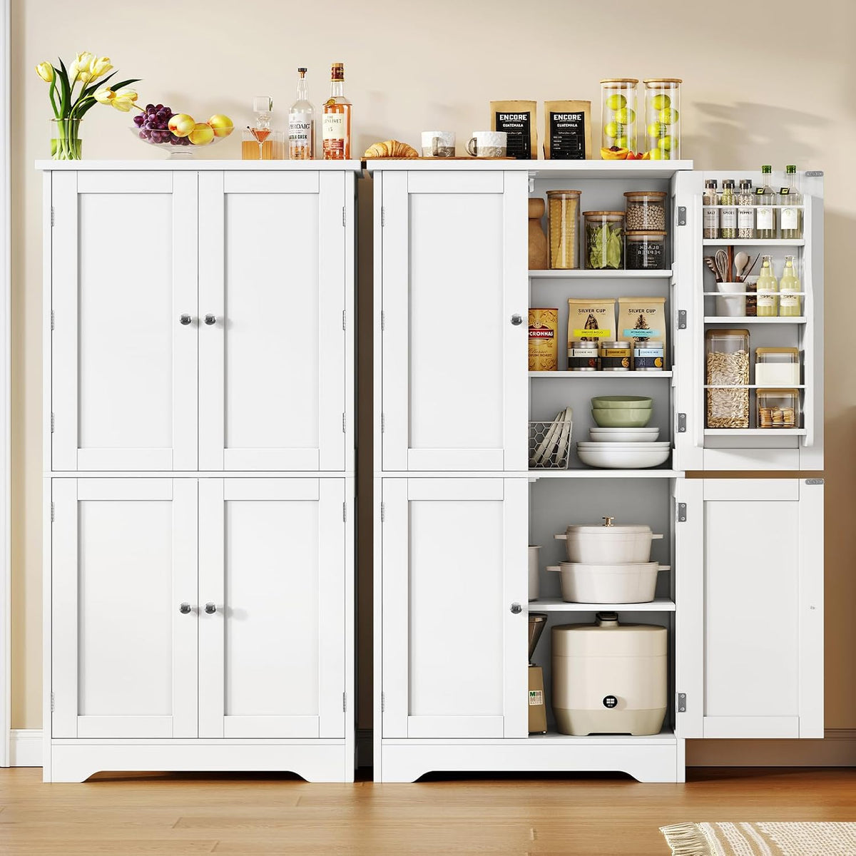 Pantry Cabinet with 4 Doors, Kitchen Pantry Cabinet with Door Shelves, Kitchen Storage Cabinets for Living Room, Dining Room, Bathroom, 51”H, White - Image 2