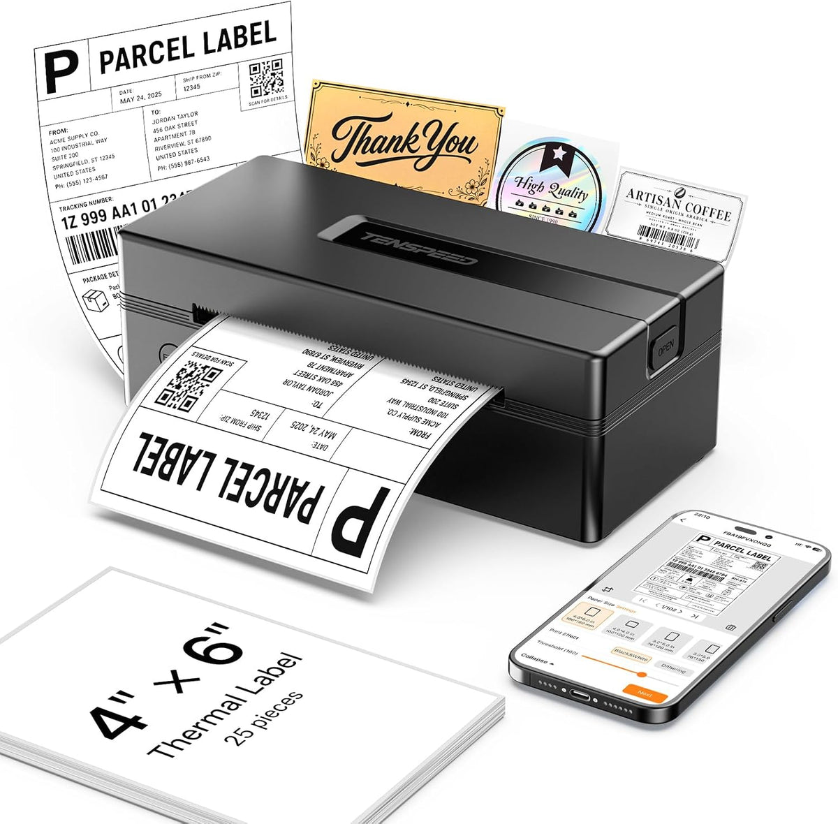 4x6 Bluetooth Thermal Shipping Label Printer, Black by TENSPEED