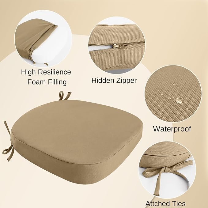 idee-home Outdoor Chair Cushions Set of 4, 19" x 19" D-Shaped | Thick Outdoor Seat Cushions Waterproof Patio Furniture with Ties Dining Pads - Image 2