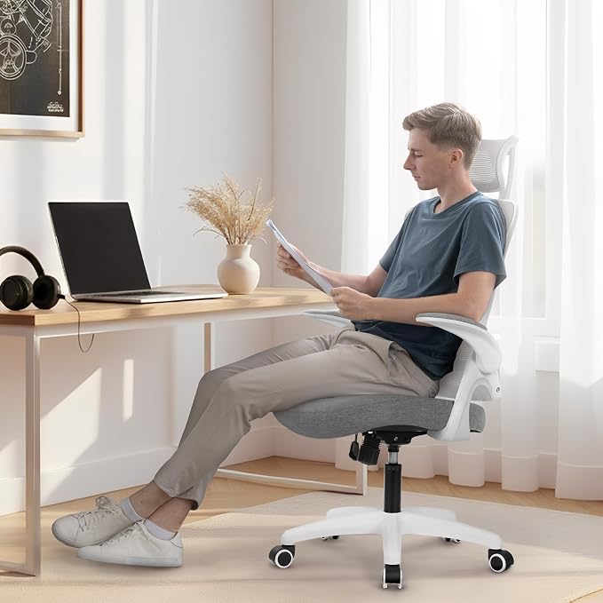 NEO CHAIR Office Desk Chair with Ergonomic High Back Mesh Headrest, Grey | Adjustable Headrest and Lumbar Support with Flip-Up Armrests Designed for Extended Sitting Comfort While Saving Space - Image 7