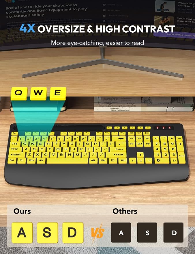 Wireless Keyboard and Mouse Combo with Large Print, Ergo Wrist Rest | 2.4G Lag-Free, Phone Holder, Silent Typing, Full Size High Contrast, KM23D Battery Powered Set for Low Vision and Elderly - Image 2
