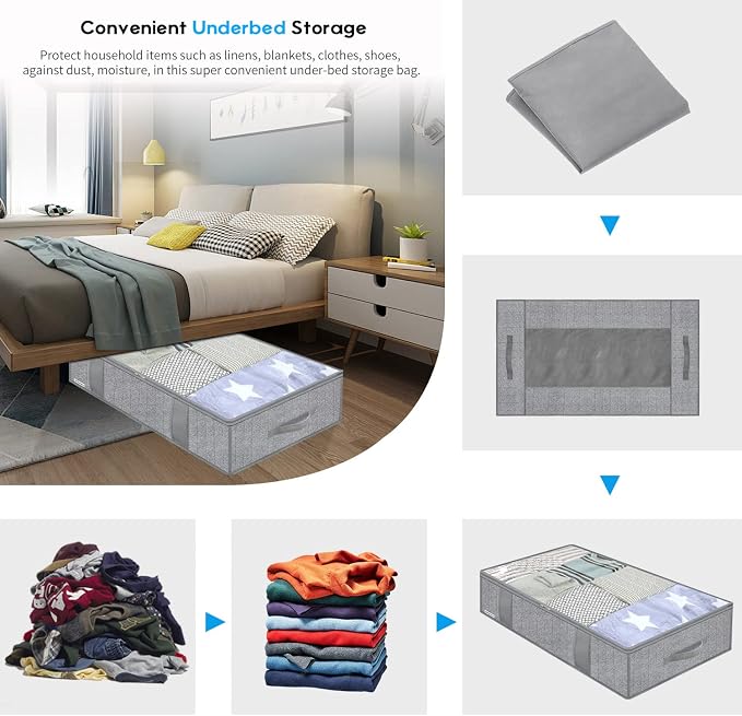 Onlyeasy Large Underbed Storage Bags Organizer Container (2 Pack) with 4 Handles and 2 Sturdy Zippers, Blankets Clothes Comforters Foldable Storage Bags with Clear Window, Herringbone Grey, MXRUBBP2 - Image 3