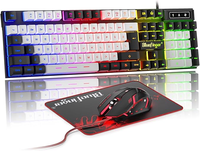 BlueFinger RGB Gaming Keyboard and Backlit Mouse Combo, USB Wired, LED Gaming Set for Laptop PC Computer Game and Work (Black & White) by BlueFinger