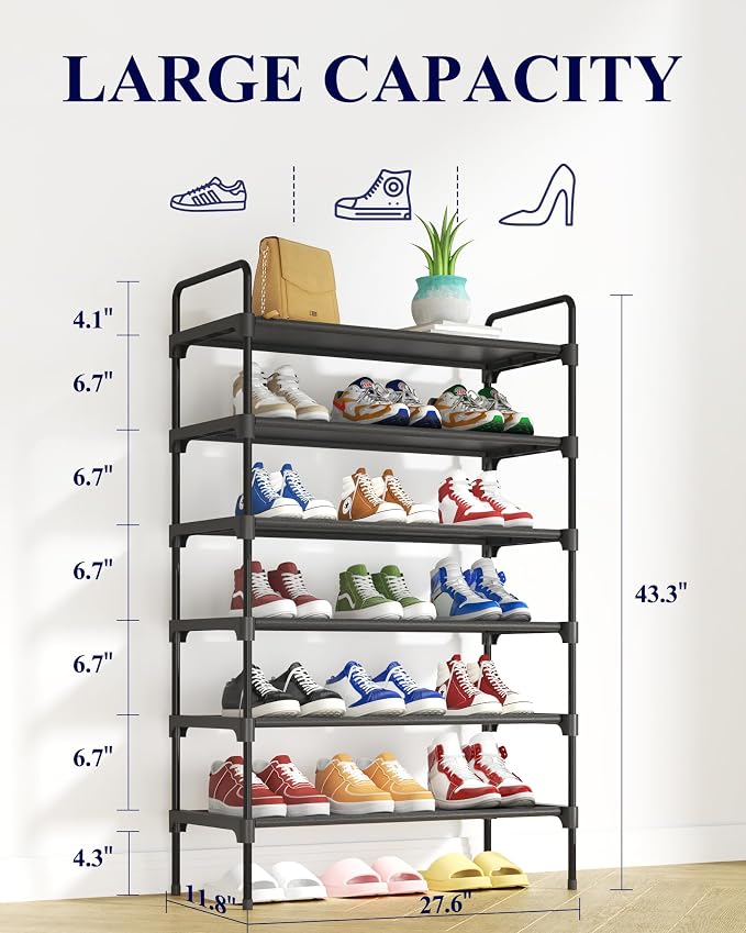 Kitsure Shoe Rack for Closet, Shoe Storage, 27.6" Wide - 6 Tiers, Black | Shoe Organizer for Closet, Entryway, Living Room, Space-Saving Shoe Shelf, Sturdy Zapateras Organizer - Image 2