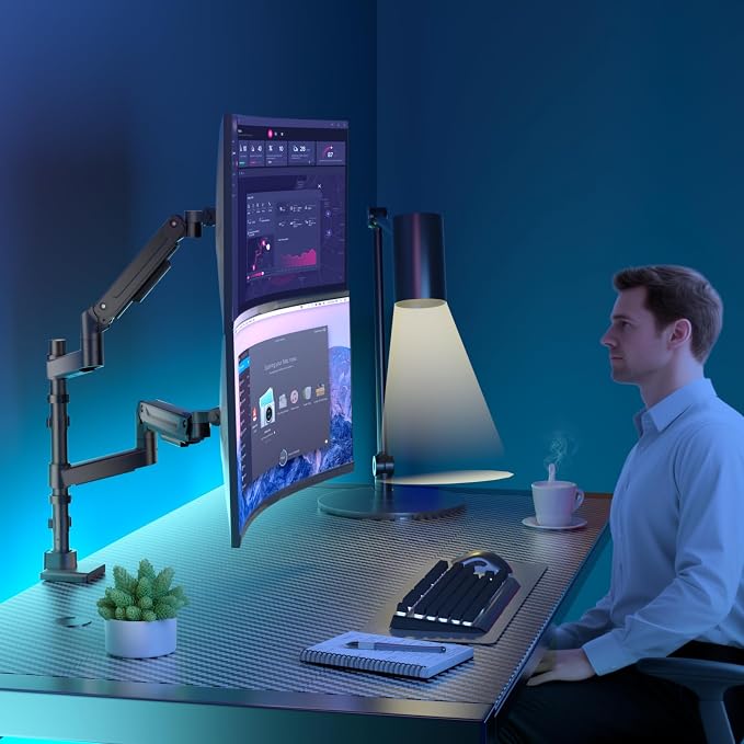 WALI Vertical Dual Monitor Arm for 13-49 inch Curved Screens, up to 44 lbs | Heavy Duty Stacked Ultrawide Monitor Arm, Full Motion with Tilt, Swivel, Rotation, C-Clamp & Grommet Base, VESA 75/100mm - Image 9