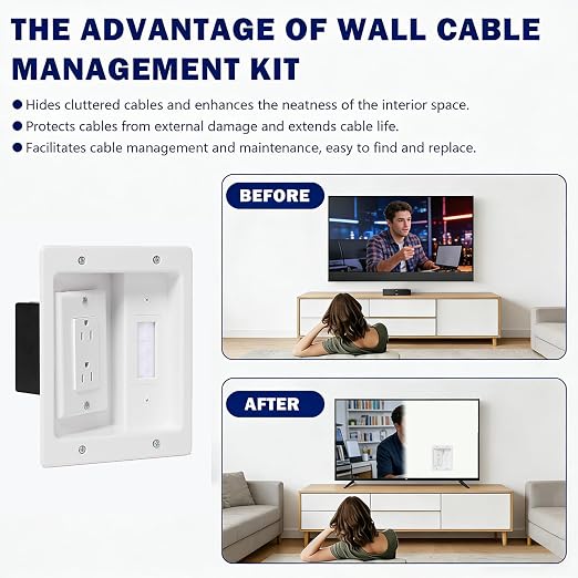 Wall Cable Concealer Management Kit, Recessed TV Outlet Box, in Wall TV Box Hidden Cable Connection Kit, Behind TV Outlet Box Recessed Wall Mount TV Box to Hide Power Cables and Low Voltage Wires - Image 5