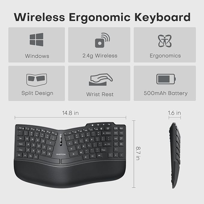 OMOTON Ergonomic Wireless Split Keyboard Compatible with Windows only, Cushioned Wrist Rest, Rechargeable, USB Connectivity, 2.4G Membrane Silent Keyboard, Classic Black - Image 8