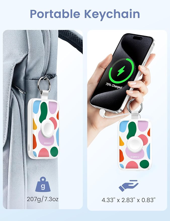 RORRY CharmGo Portable Charger, 10000mAh 20W Fast Charging Power Bank | Built-in Cables, Travel Keychain Battery Pack Essentions for Apple Watch 1~11 Series/Ultra/SE & iPhone Air/17/16/15/14/13/12 - Image 6