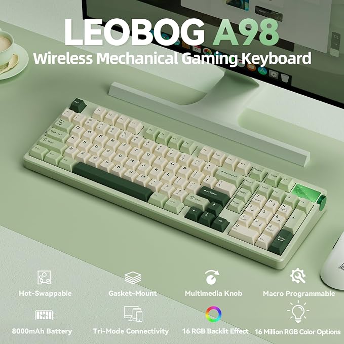 CORBOBO LEOBOG A98-96% Mechanical Keyboard Wireless, Tri-Mode BT5.0/2.4GHz/USB-C, Creamy Keyboard with Number Pad, Gasket Structure Hot Swappable, RGB Backlit Green Gaming Keyboards with Knob for PC - Image 2