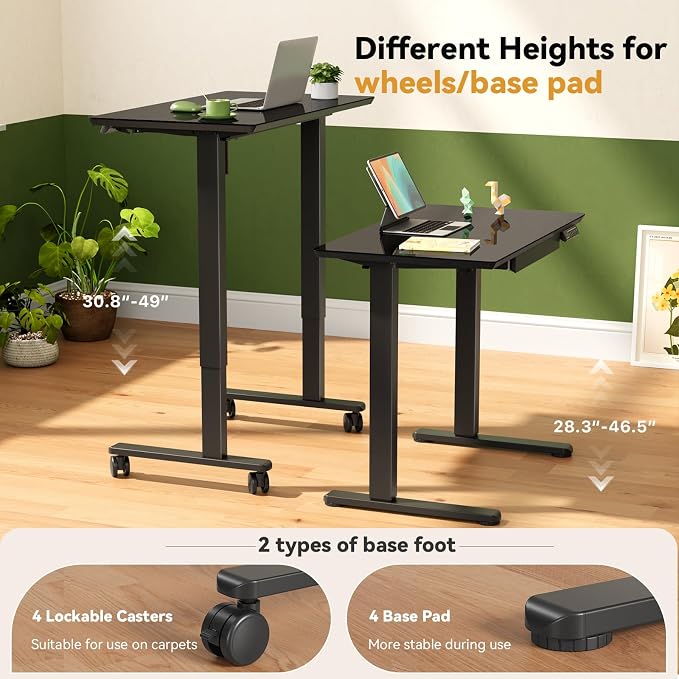 35” Black Glass Standing Desk Height Adjustable with Drawer | Electric One-Piece Rising Whiteboard Table on Lockable Wheels, Mobile Small Rolling Laptop Cart for Work, Drawing, Crafting - Image 3