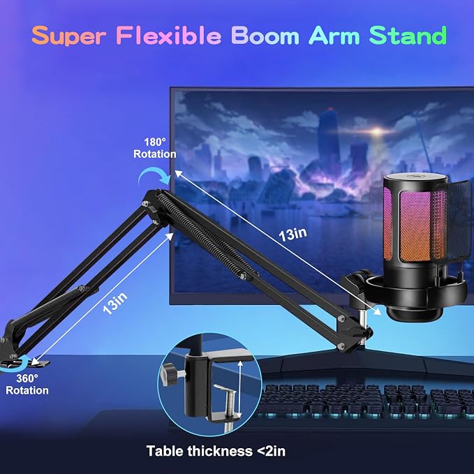 KingSom Gaming USB Microphone,Noise-Canceling Condenser Mic with Boom Arm | Podcast Microphones RGB Computer Mic,Streaming Microphone with Pop Filter, Mute Button,Gain for Recording,Discord,YouTube - Image 6
