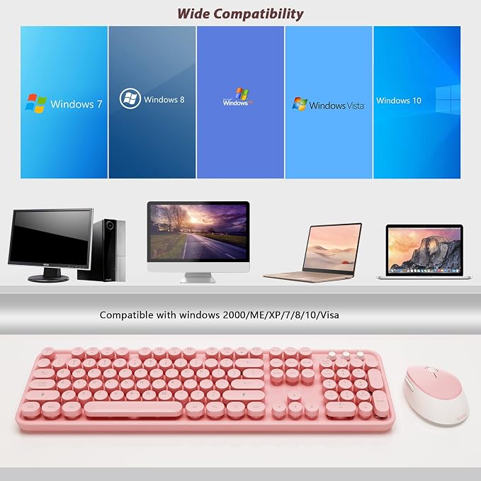 Wireless Keyboard and Mouse Combo, 2.4G Typewriter, Pink | Retro Full Size Computer Keyboards, Cute Mouse, USB Dongle Plug and Play, for PC,Laptop,Desktop,Windows - Image 7