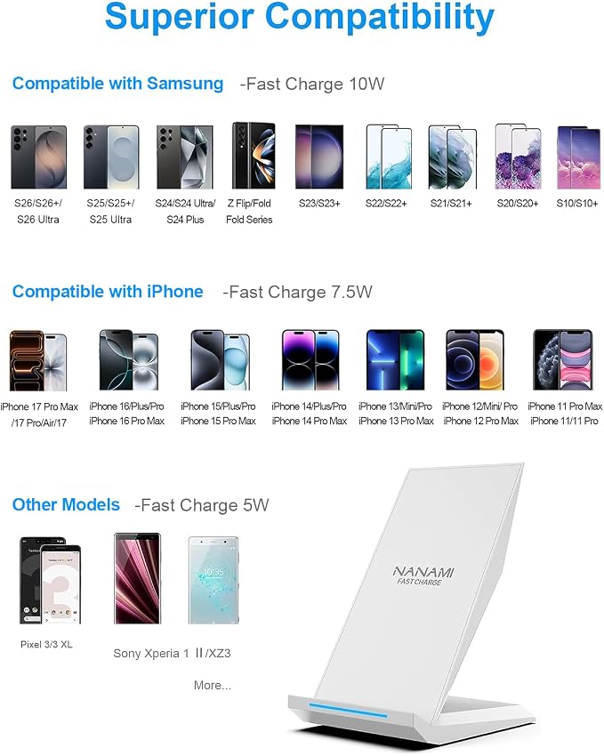 NANAMI Fast Wireless Charger - Charging Stand 7.5W Compatible with iPhone 17/17 Pro/17 Pro Max/16/15/14/13/12, 10W Phone Charger Dock for Samsung Galaxy S26/S26+/S25/S24/S24 Ultra//S23/S22/21 - Image 3