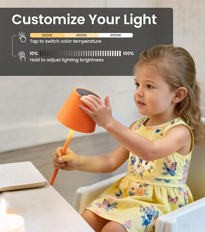 3 Pack Cordless Table Lamp, Portable Battery Operated Lamp with 3 Color Temps and Stepless Dimming, Rechargeable Table Lamp for Dinner, Desk, Cafe, Outdoor (Orange) - Image 3