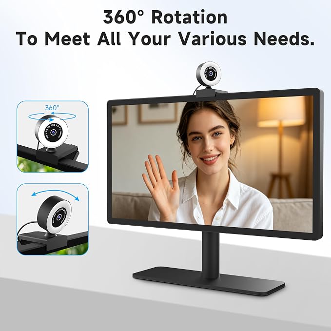 USB HD 4K Video Webcam，with Ring Ligh and Microphoneand Rotatable Tripod& Privacy Cover for PC，, Fast AutoFocus，with Auto White Balance for Video Calls, Live Streaming Gaming & Online Meetings - Image 2