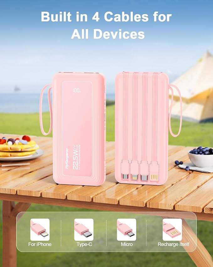 Portable Charger with Built in Cables, Slim 10000mAh Fast Charging 22.5W Power Bank USB C LED Display Battery Pack 6 Outputs & 2 Inputs for iPhone Samsung Pixel LG Moto iPad - Image 3