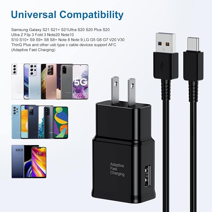 Type C Charger Fast Charging, 1Pack USB C Android Phone Charger&6ft Cables | Wall Charger Blocks &1x 6ft USB-C cables for Samsung Galaxy S8/S9/S10 Plus/S10e/S20/S21 Ultra/Plus, Note 8/9/10,Pixel3 Black - Image 5