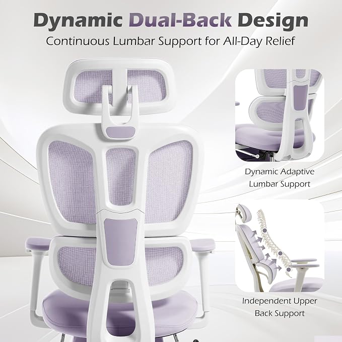 Ergonomic Office Chair with Footrest and Dynamic Lumbar Support, Purple | Reclining high-back computer chair, memory foam seat, 2D armrests, 2D headrest, mesh desk chair for home office, long hours - Image 4