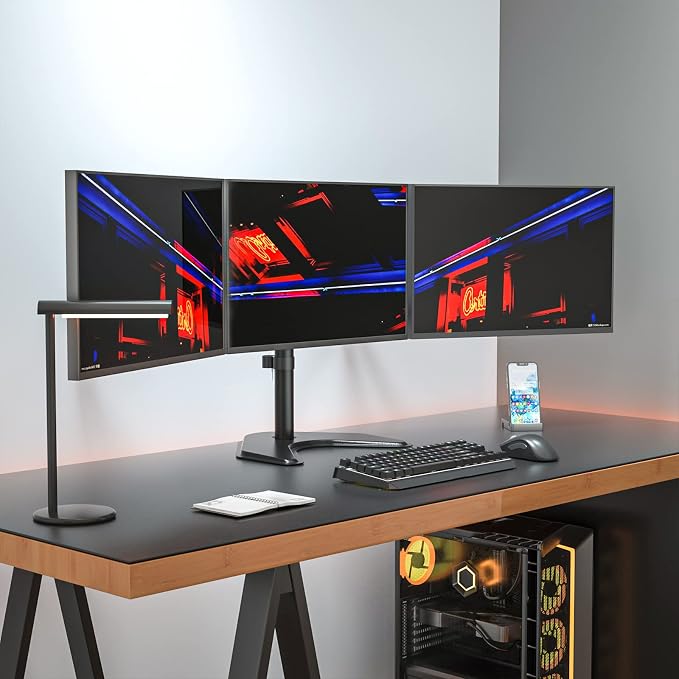 WALI Triple Monitor Stand, Free Standing for 13-27 inch Screens,up to 22lbs | 3 monitor stand for desk, Adjustable, Full Motion with Tilt, Swivel, Rotation, C-Clamp & Grommet Base, VESA 75/100mm (MF003) - Image 2