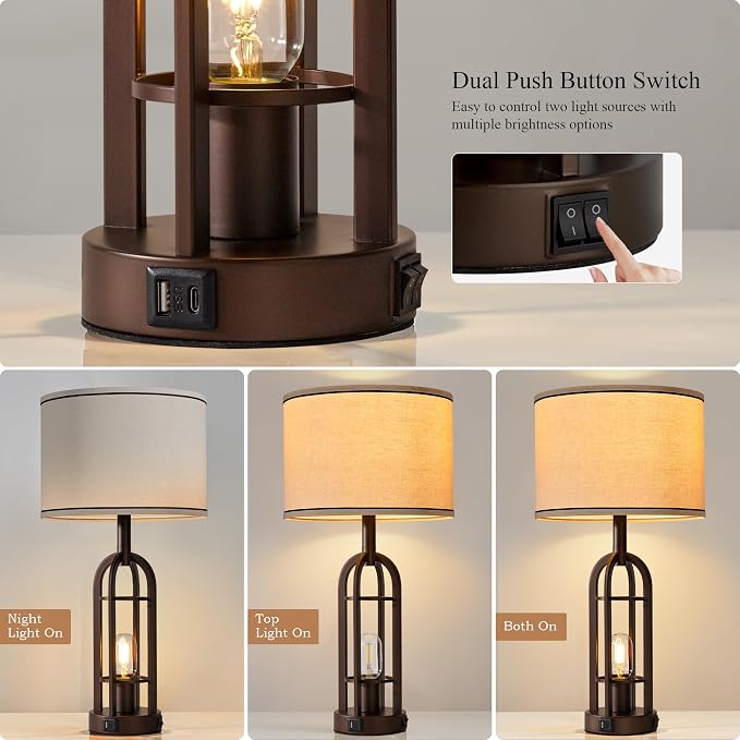 SRJJA Farmhouse Table Lamps for Living Room Bedroom Set of 2 - Rustic Industrial Bedside Lamps for Night Stands with USB A+C, 24" Vintage Nightstand Lamp with Night Light, Bulbs Included - Image 2