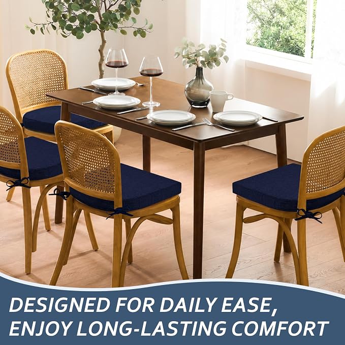 Basic Beyond Chair Cushions for Dining Chairs with Ties and Removable Cover, 2" Thick Seat Cushions for Kitchen Chairs, Set of 6, 17" x 16", Navy - Image 8
