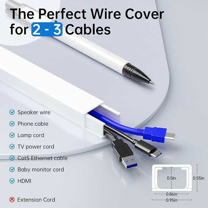 Delamu Cable Hider, 315in Cord Covers for Wires on Wall, One-Cord Cord Hider, Paintable Wire Hiders Wire Covers for Cords, Cable Management for Hiding 2-3 Wires, 20x L15.7 W0.95 H0.55in, White - Image 2