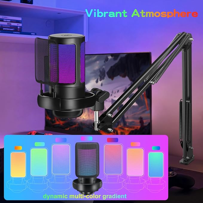 KingSom Gaming USB Microphone,Noise-Canceling Condenser Mic with Boom Arm | Podcast Microphones RGB Computer Mic,Streaming Microphone with Pop Filter, Mute Button,Gain for Recording,Discord,YouTube - Image 3