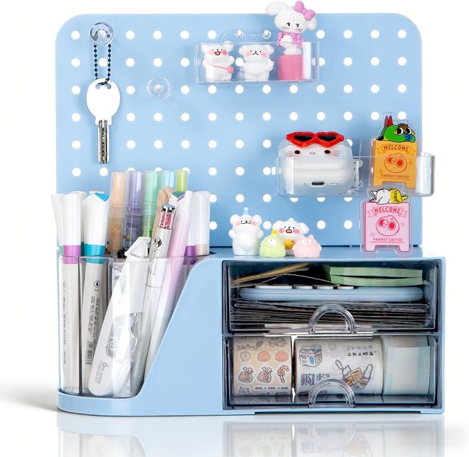 Comix Desk Organizer with 2 Drawer, Blue 360° Rotating Pen Holder for Desk | Desk Organizers and Accessories with 5 Slots Pencil Holder+Pegboard+Drawer, Pen Organizer for Home School Art Office Supplies - Image 7