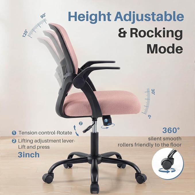 DUMOS Office Desk Chair, Lumbar Support Mesh Home Chair | Ergonomic Computer Mesh, Rocking Mode Flip-up Armrest, Height Adjustable 360 Swivel, Pink - Image 6