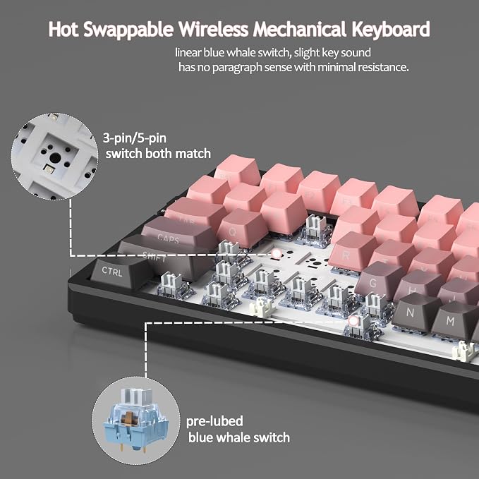 MageGee LIGHT100 Wireless Creamy Keyboard, Gasket Structure Hot Swappable, 2.4G/USB-C/BT5.0 RGB Backlit Mechanical Gaming Keyboard for Win/Mac/PC, 8000mAh Battery, Side Printed PBT Keycap, Pink - Image 8