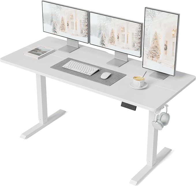 DESINO Standing Desk, 63 × 28 Inches Electric Height Adjustable, Sit and Stand Up, Computer Office Desk with Splice Board, White Frame/White TOP by DESINO