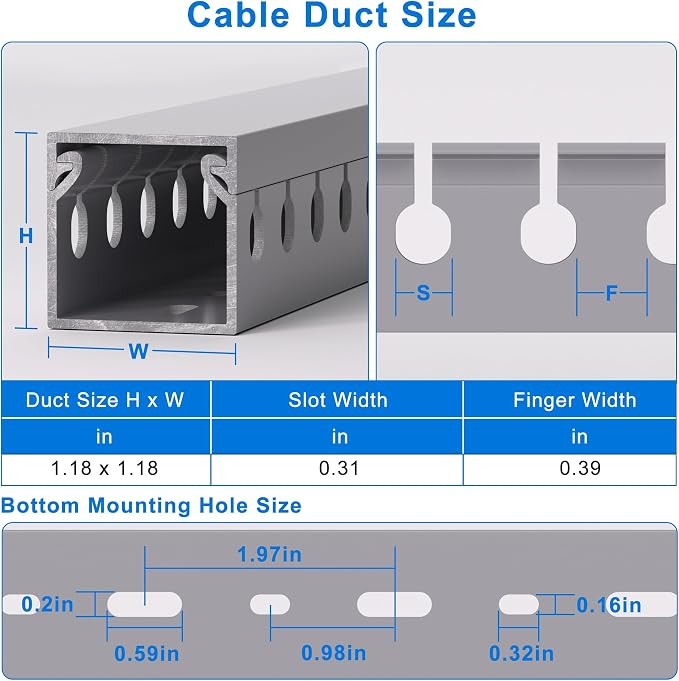 1.2"H x 1.2"W Cable Raceway, 132in Under Desk Wire Management Channel, Grey | Slotted Wire Duct, 8Pack, 16.5in Each, Heavy-Duty PVC Cable Management for Server Racks, Network Cables & Electrical Cabinets - Image 2