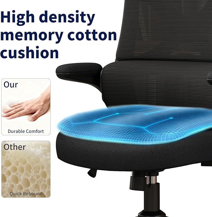 Ergonomic Office Chair - Desk Chair with Adjustable Headrest Lumbar Support Computer Chair - Mesh Comfy Chair with Flip-up Armrests - Gaming Chairs for Adults Home Office (Black+Black) - Image 6